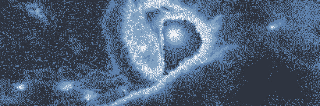 An image of a series of colliding wind binary systems showing different levels of instability